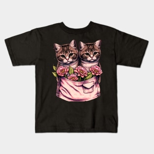 cats and flowers in a pocket-funny cats in pockets-cute cats in pockets-cute cats-cute kittins. Kids T-Shirt